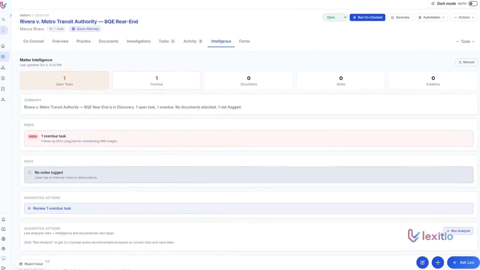 Matter intelligence view for a demo matter showing open tasks, overdue items, risks and suggested actions