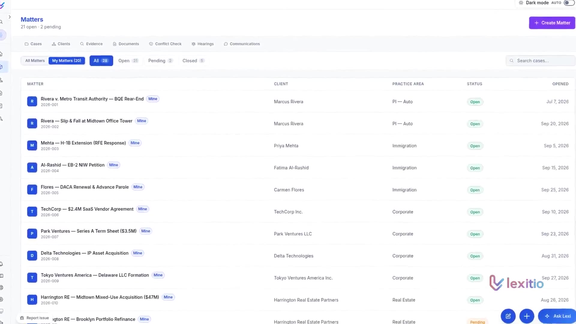 Lexitio matters list showing demo matters with client, practice area, status and opened date